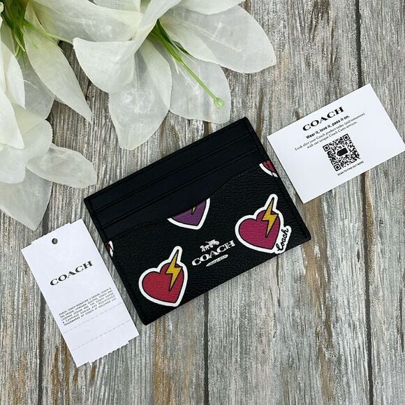 Coach Slim Id Card Case With Heart Bolt Print Wallet Bag Purse - Picture 6 of 10